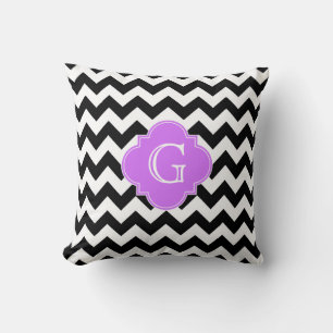 Black White Chevron Lila Quatrefoil Monogram Kussen