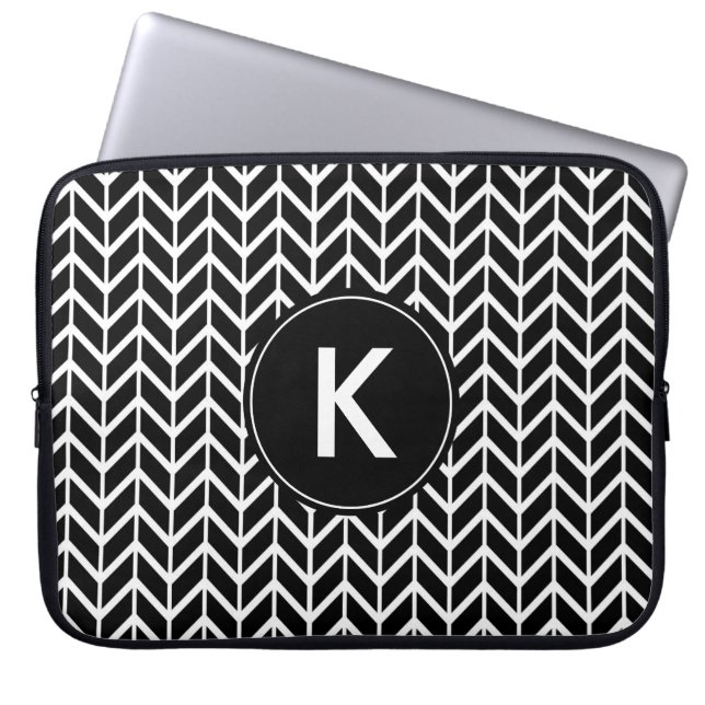 Black White Chevron Monogram Laptop Sleeve (Voorkant)