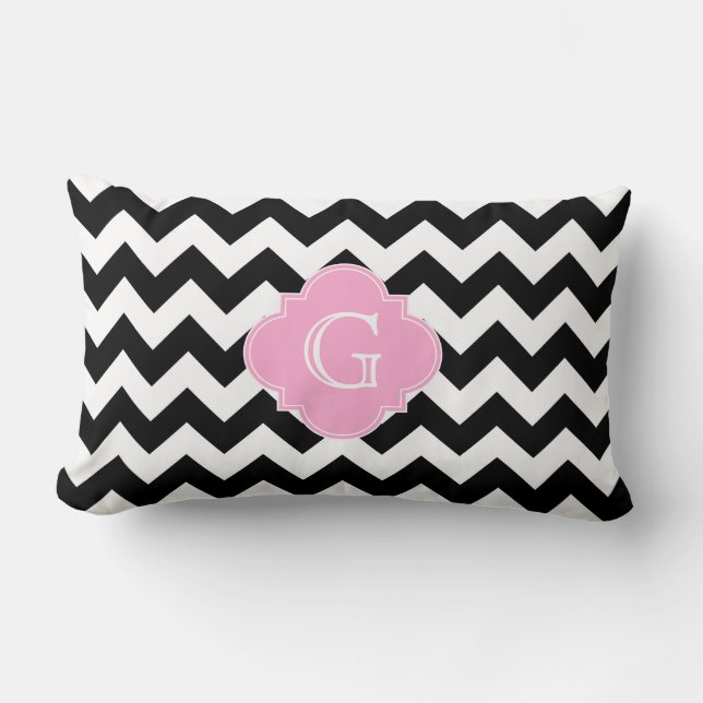 Black White Chevron Pink Quatrefoil Monogram Kussen (Voorkant)