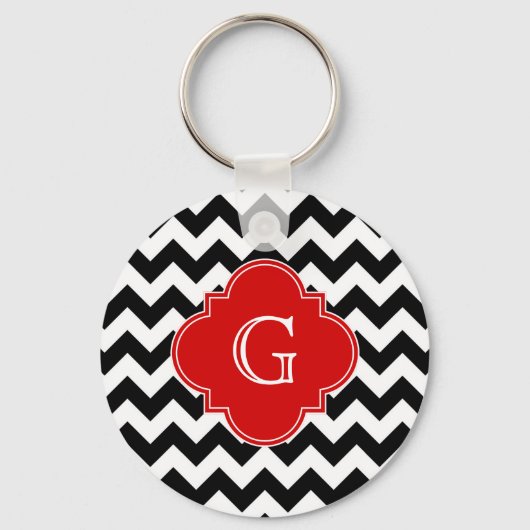 Black White Chevron Red Quatrefoil Monogram Sleutelhanger (Voorkant)