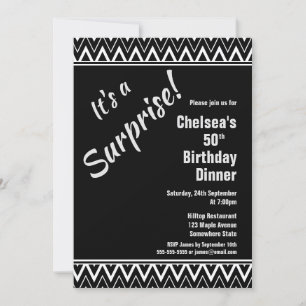 Black White Chevron Surprise 50th Birthday Dinner Kaart