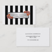 Black White Chic Stripes Silver Floral Visitekaartje (Voorkant / Achterkant)