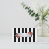 Black White Chic Stripes Silver Floral Visitekaartje (Staand voorkant)