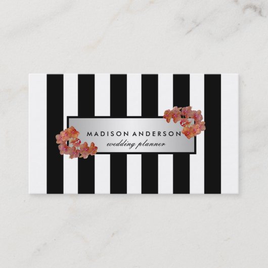 Black White Chic Stripes Silver Floral Visitekaartje (Voorkant)