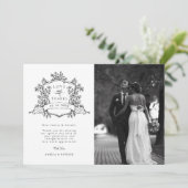 Black & White Classic Floral Crest Wedding Photo Bedankkaart (Staand voorkant)