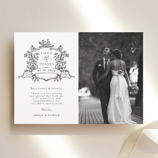 Black & White Classic Floral Crest Wedding Photo Bedankkaart