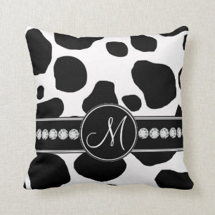 Black White Cow Spots Monogrammed Sierkussen