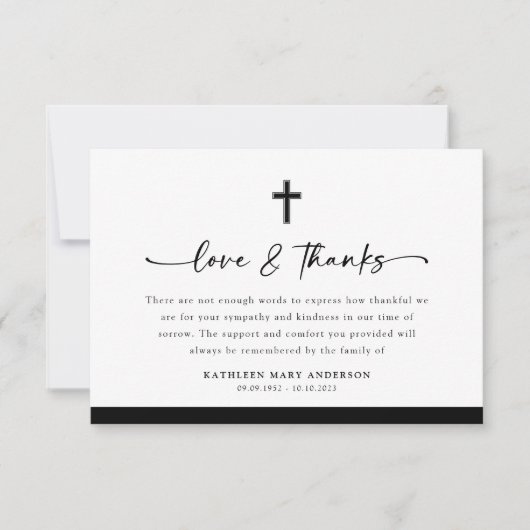 Black White Cross Script begrafenis Bedankkaart (Voorkant)