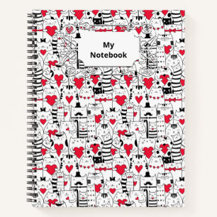 Black White Cute Cat Red Heart Notitieboek