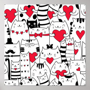 Black White Cute Cat Red Heart Poster