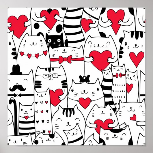 Black White Cute Cat Red Heart Poster (Voorkant)