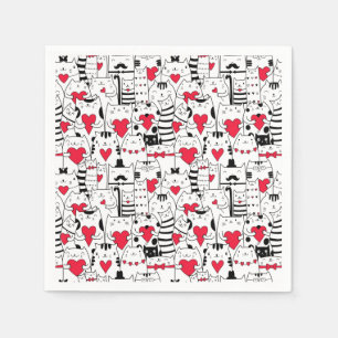 Black White Cute Cat Red Heart Servet