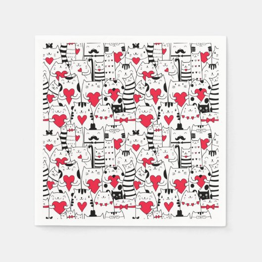 Black White Cute Cat Red Heart Servet (Voorkant)