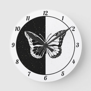 Black White Cute Elegant Classy Butterfly Girly Ronde Klok