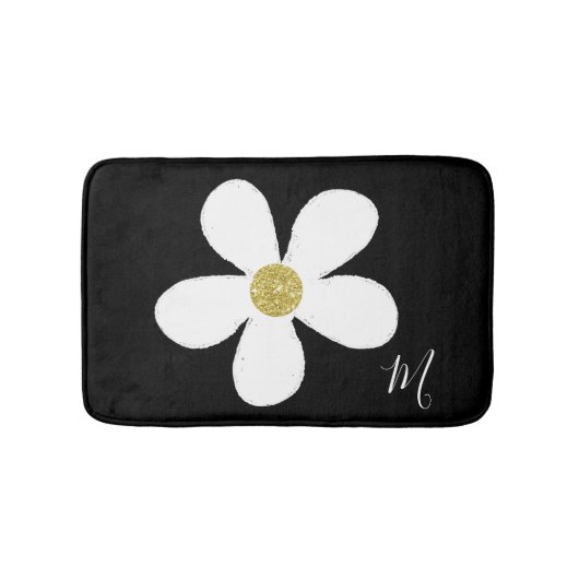 Black White Daisy Simple Floral Gold Badmat (Voorkant)