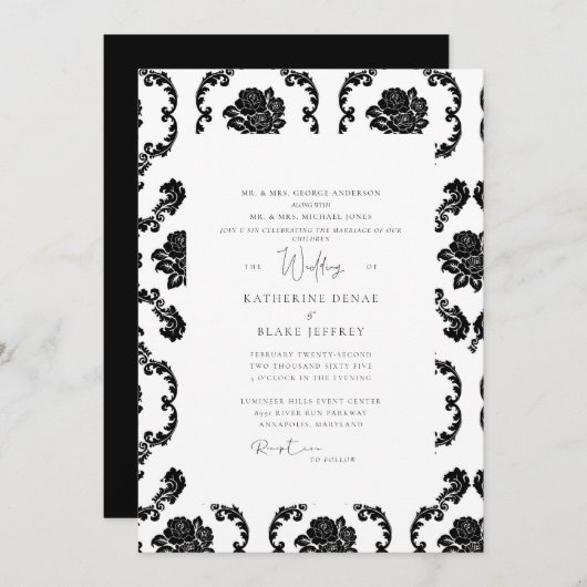 Black & White Damask Beide ouders bruiloft Kaart (Voorkant / Achterkant)