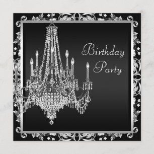 Black White Damask Chandelier Birthday Party Kaart