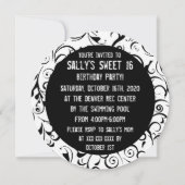 Black white damask doux 16 invitations cercle (Dos)
