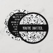 Black white damask doux 16 invitations cercle (Devant / Derrière)