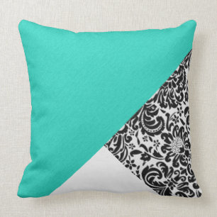 Black White Damask Floral Blauwgroen Turquoise Pat Kussen