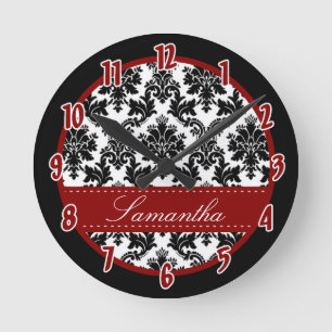 Black & white Damask Lace Rouge Horloge personnali
