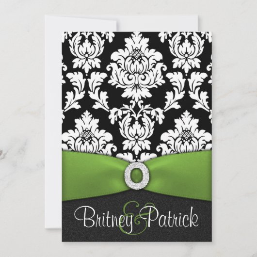 Black White Damask Lime Green Wedding Invitations Kaart (Voorkant)