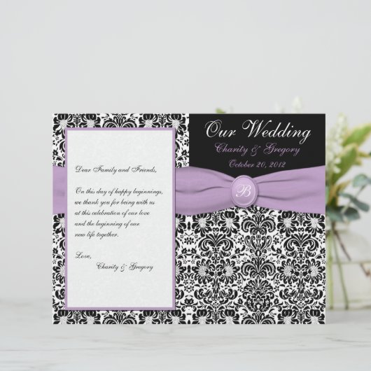 Black, White Damask met Lavender Wedding Program (Staand voorkant)