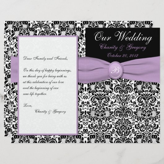 Black, White Damask met Lavender Wedding Program (Voorkant / Achterkant)