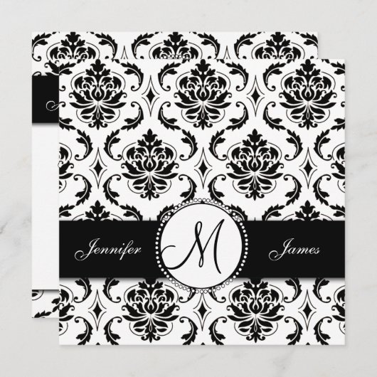 Black White Damask Monogram Weddenschap Kaart (Voorkant / Achterkant)