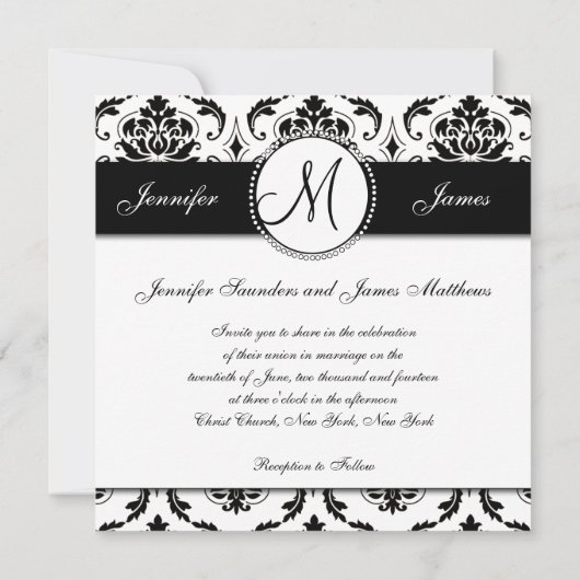 Black White Damask Monogram Weddenschap Kaart (Achterkant)