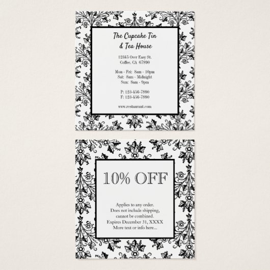Black White Damask Pattern Custom Discount Kaarten Vierkante Visitekaartjes (Voorkant /achterkant)