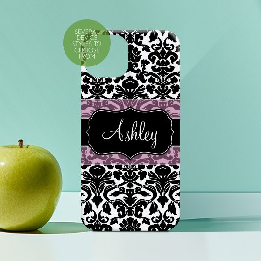 Black White Damask Pattern met roze scriptnaam Case-Mate iPhone Case