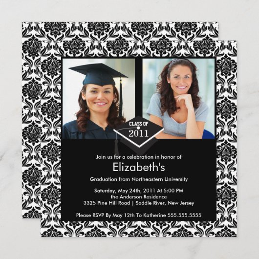 Black & White Damask Photo Afstuderen Invitation Kaart (Voorkant / Achterkant)