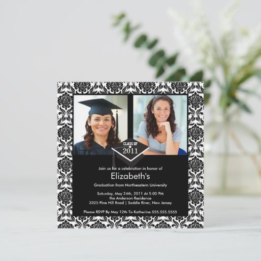Black & White Damask Photo Afstuderen Invitation Kaart (Staand voorkant)