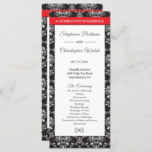 Black White Damask Red Ribbon Wedding Programme (Devant / Derrière)