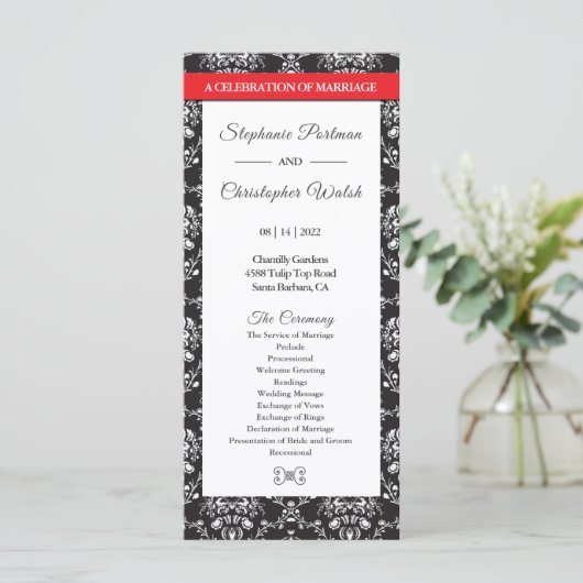 Black White Damask Red Ribbon Wedding Programme (Debout devant)