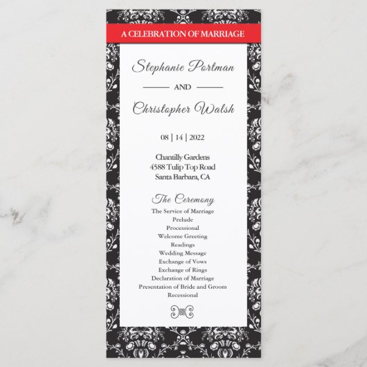 Black White Damask Red Ribbon Wedding Programme (Devant)