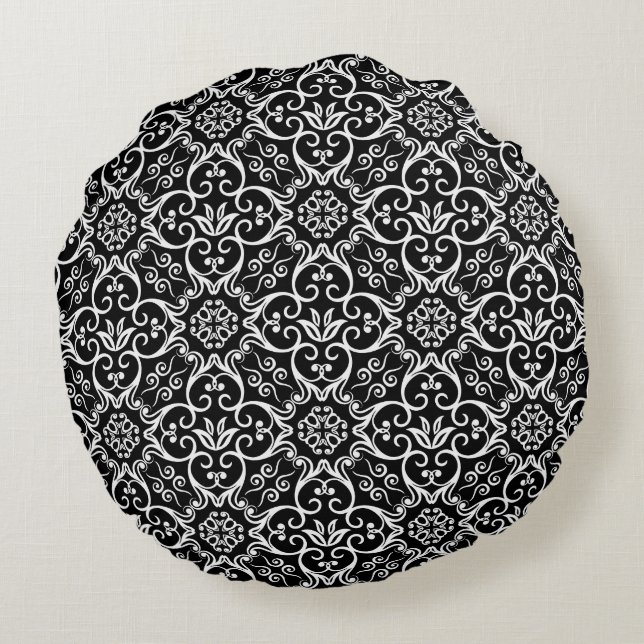 Black & White Damask Round Pillow Rond Kussen (Achterkant)