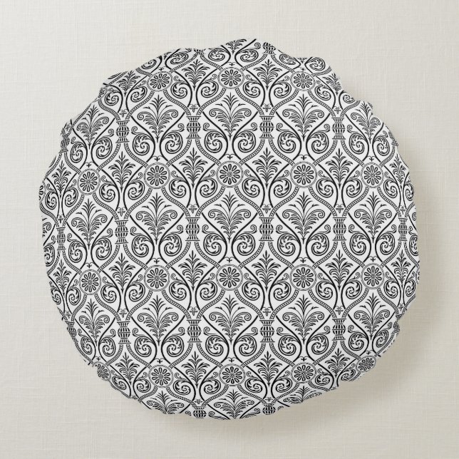 Black & White Damask Round Pillow Rond Kussen (Achterkant)