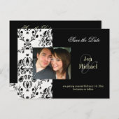 Black + white Damask Save Date Carte postale photo (Devant / Derrière)