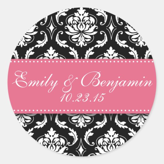 Black White Damask Wedding Favor Stickers Pink (Voorkant)
