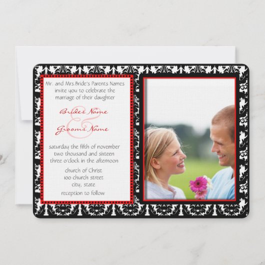 Black & White Damask Your Photo Wedding Invitation Kaart (Voorkant)
