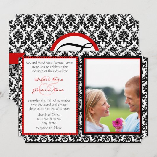 Black & White Damask Your Photo Wedding Invitation Kaart (Voorkant / Achterkant)