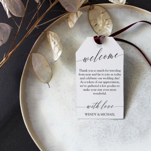 Black White Delicate Minimal Wedding Welkom Cadeaulabel
