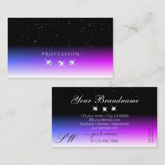 Black White Diamonds Roze Paarse gradiënt Initiale Visitekaartje (Voorkant / Achterkant)