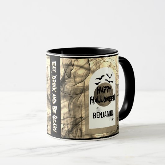 Black White Eet Drink en Wees eng Happy Halloween Mok (Voorkant rechts)