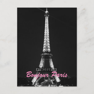 Black White Eiffel Tower Bonjour Paris Night Briefkaart