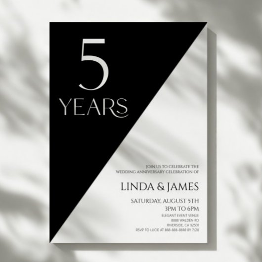 Black White Elegant 5th Wedding Anniversary Kaart