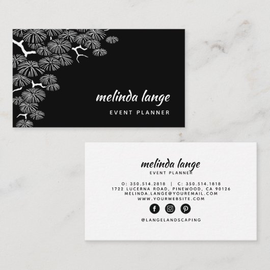 Black White Elegant Botanical Pine Branch Visitekaartje (Voorkant / Achterkant)
