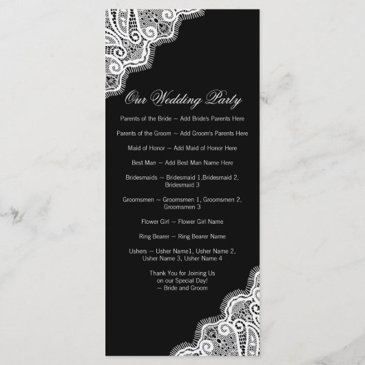 Black White Elegant Lace Vertical Wedding Programm Programma (Achterkant)